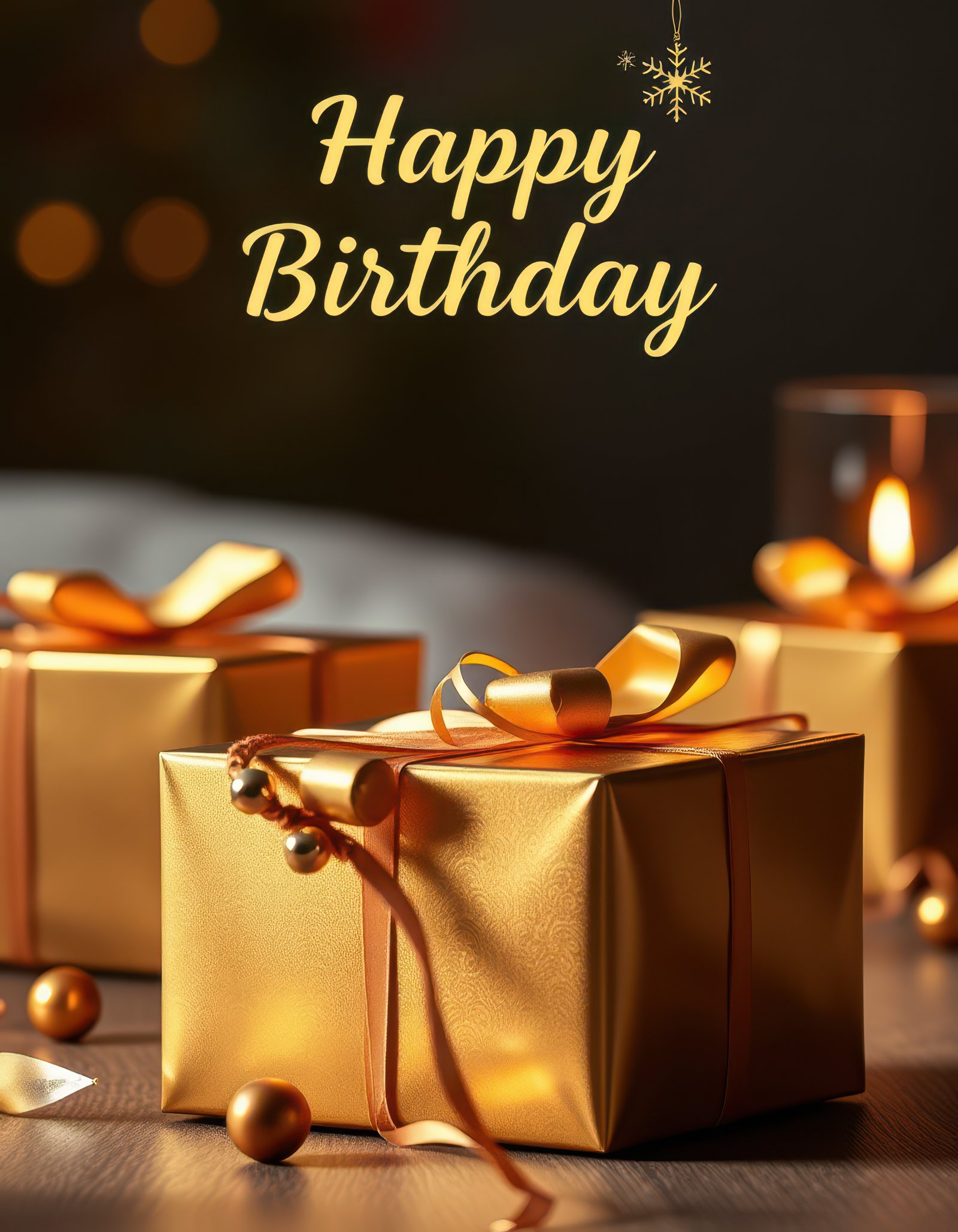 Golden birthday gifts arranged beautifully on a wooden table with warm lights in the background for a joyful celebration